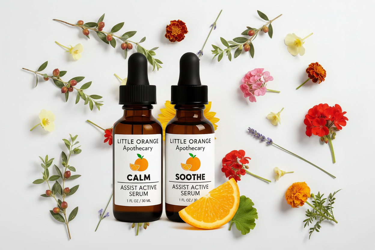 CALM & SOOTHE Serums on Scattered Botanical Background